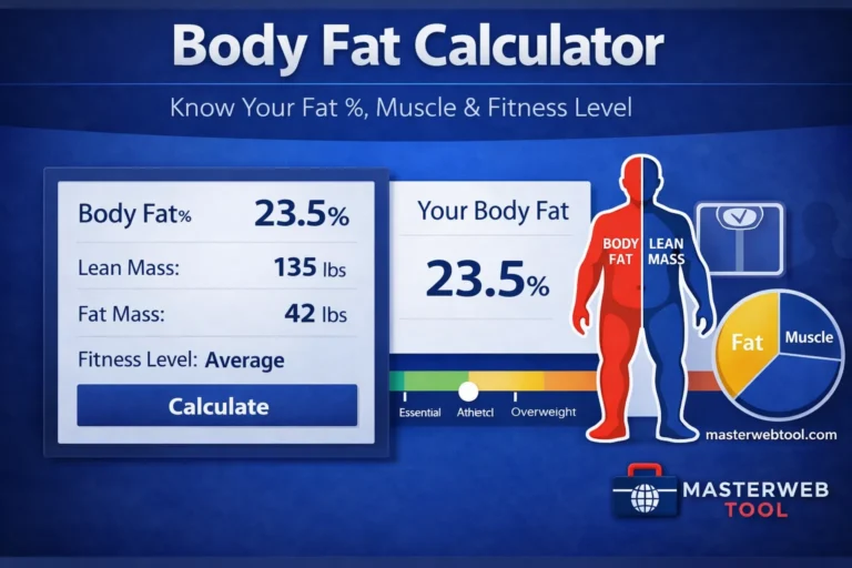 Text: Body Fat Calculator showing body fat percentage and body composition