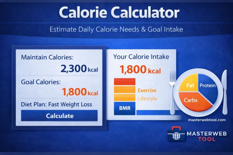 Calorie Calculator showing daily calorie needs, goal calorie intake, and macronutrient breakdown in a clean blue calculator interface.
