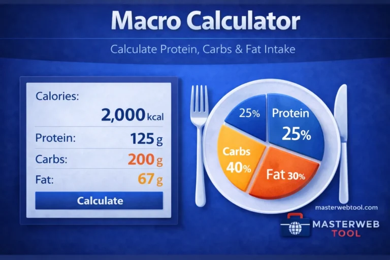 Macro Calculator showing daily macronutrient breakdown of protein, carbohydrates, and fat in a clean blue calculator interface.