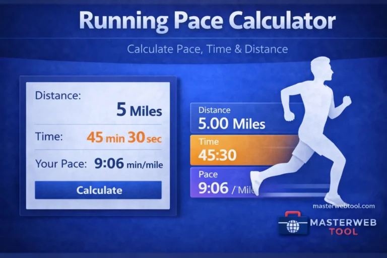 Running Pace Calculator showing running pace, time, and distance results in a clean blue calculator interface.