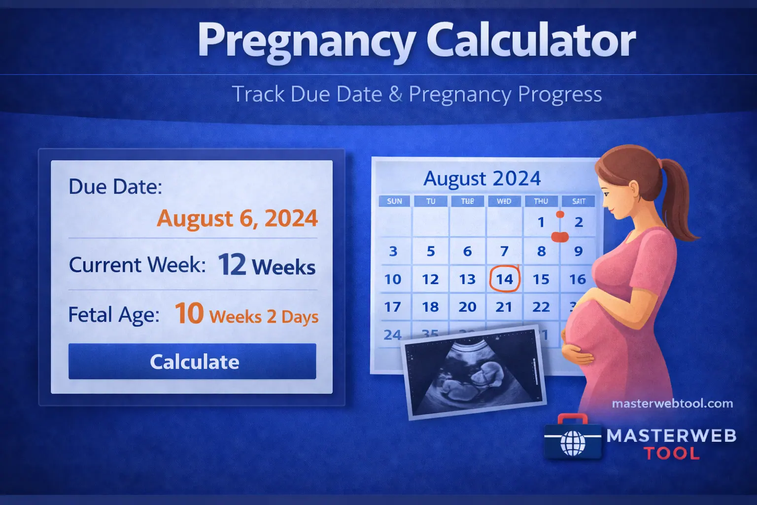 Pregnancy Calculator showing due date, current pregnancy week, fetal age, and pregnancy progress in a clean blue calculator interface.