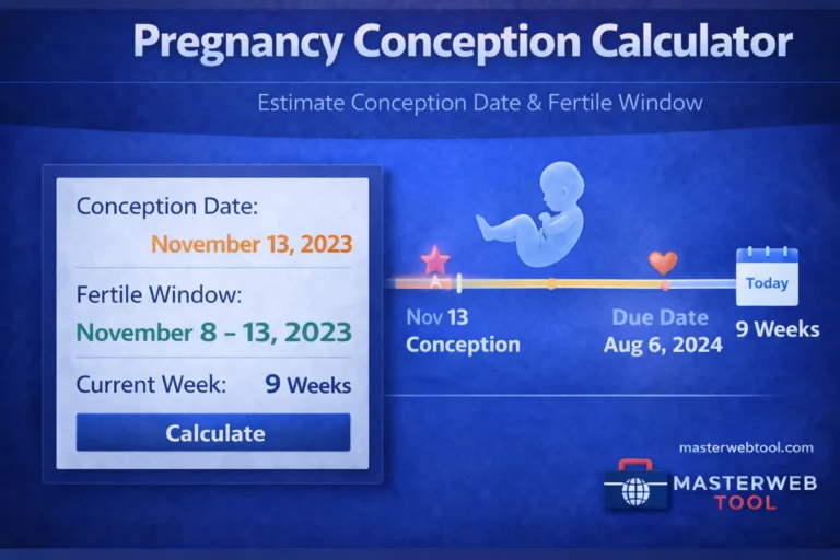 Pregnancy Conception Calculator showing estimated conception date, fertile window, and pregnancy timeline in a clean blue calculator interface.