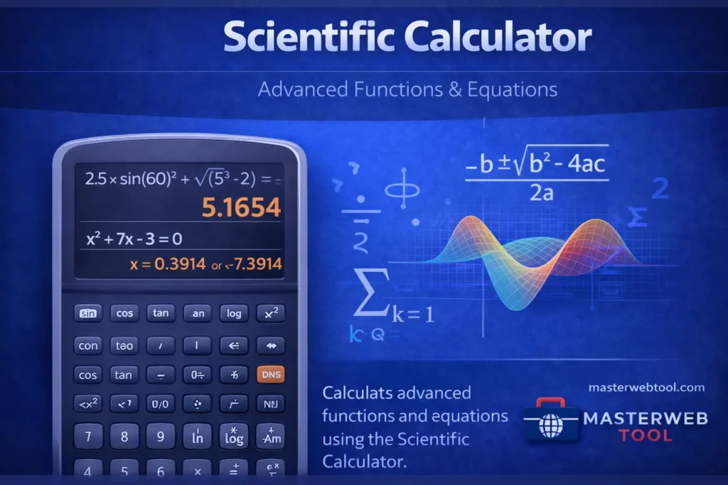 Scientific Calculator showing advanced mathematical functions, equations, and calculations in a clean blue calculator interface.