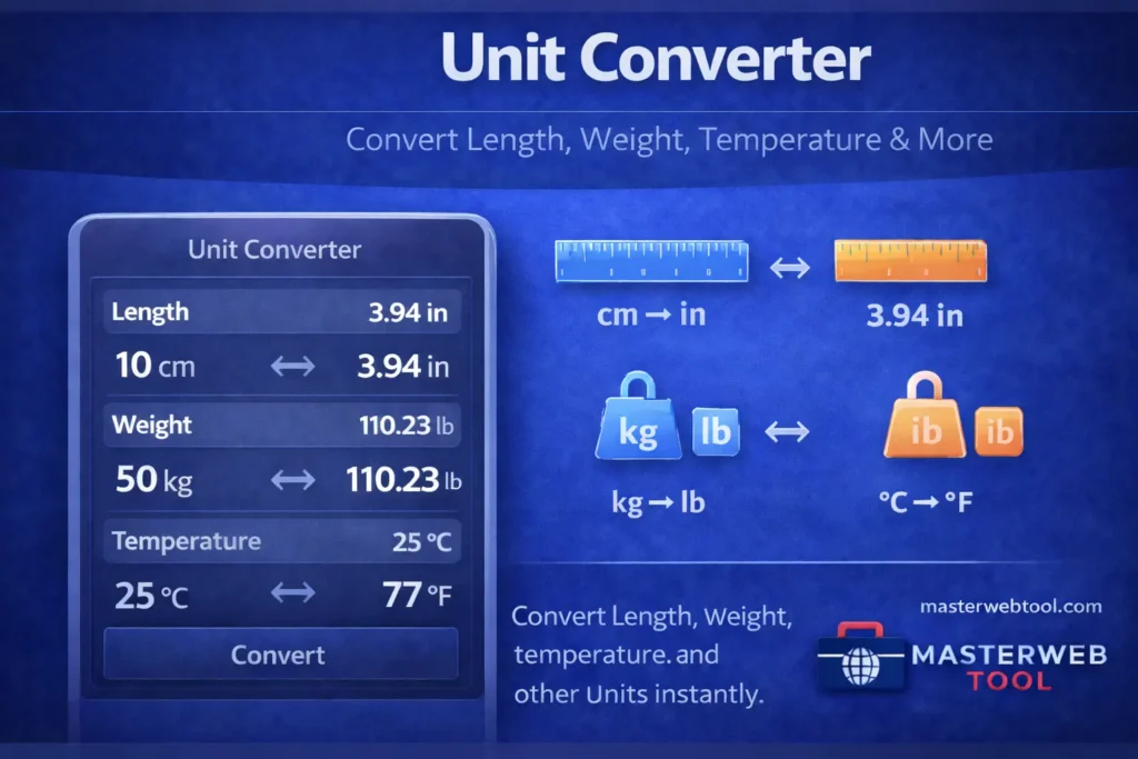 Unit Converter showing conversion of length, weight, and temperature units in a clean blue calculator-style interface.
