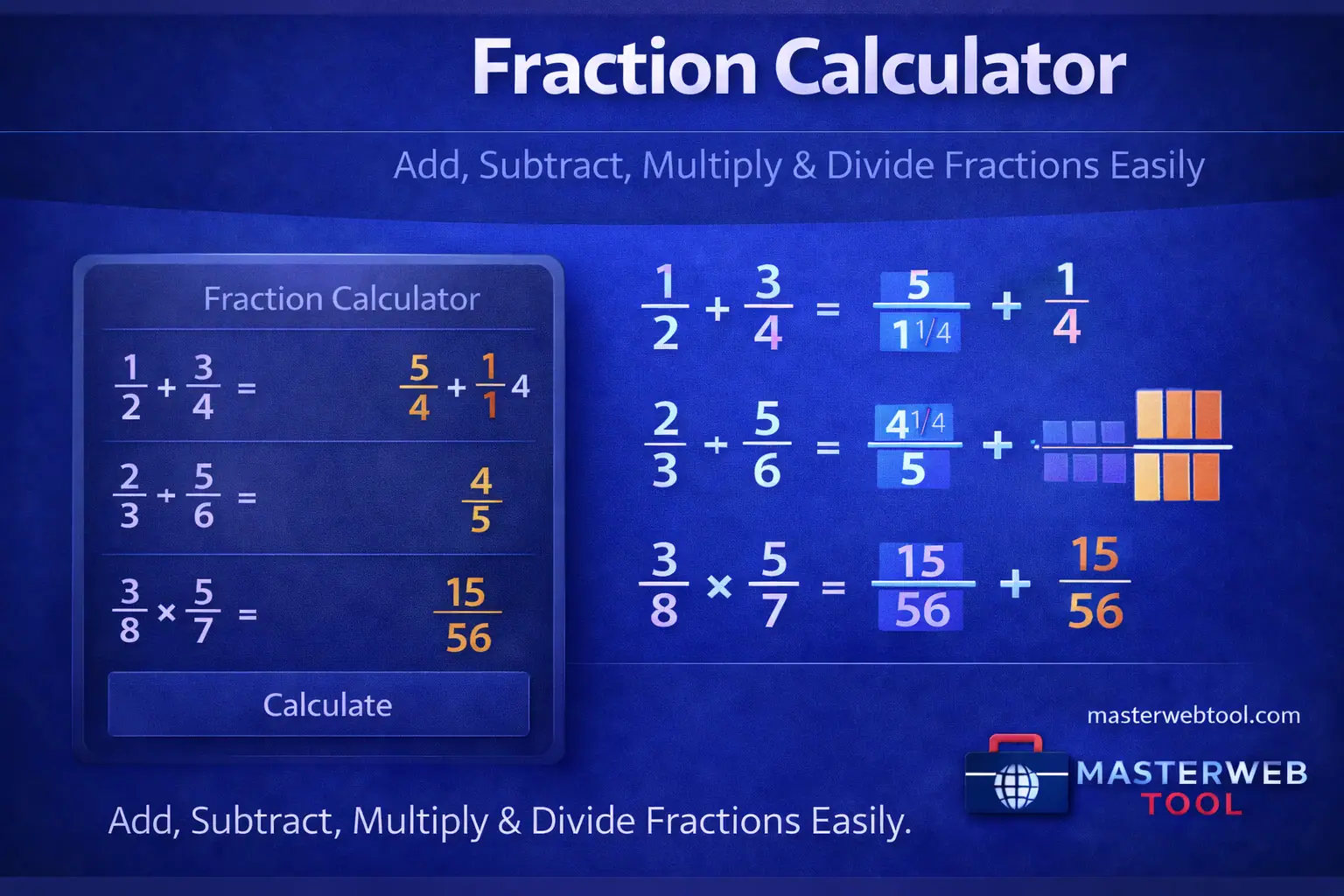 Fraction Calculator showing addition, subtraction, multiplication, and division of fractions in a clean dark blue calculator interface.