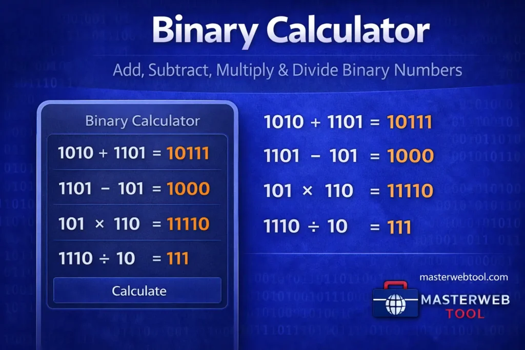 Binary Calculator showing binary addition, subtraction, multiplication, and division results in a clean blue calculator interface.