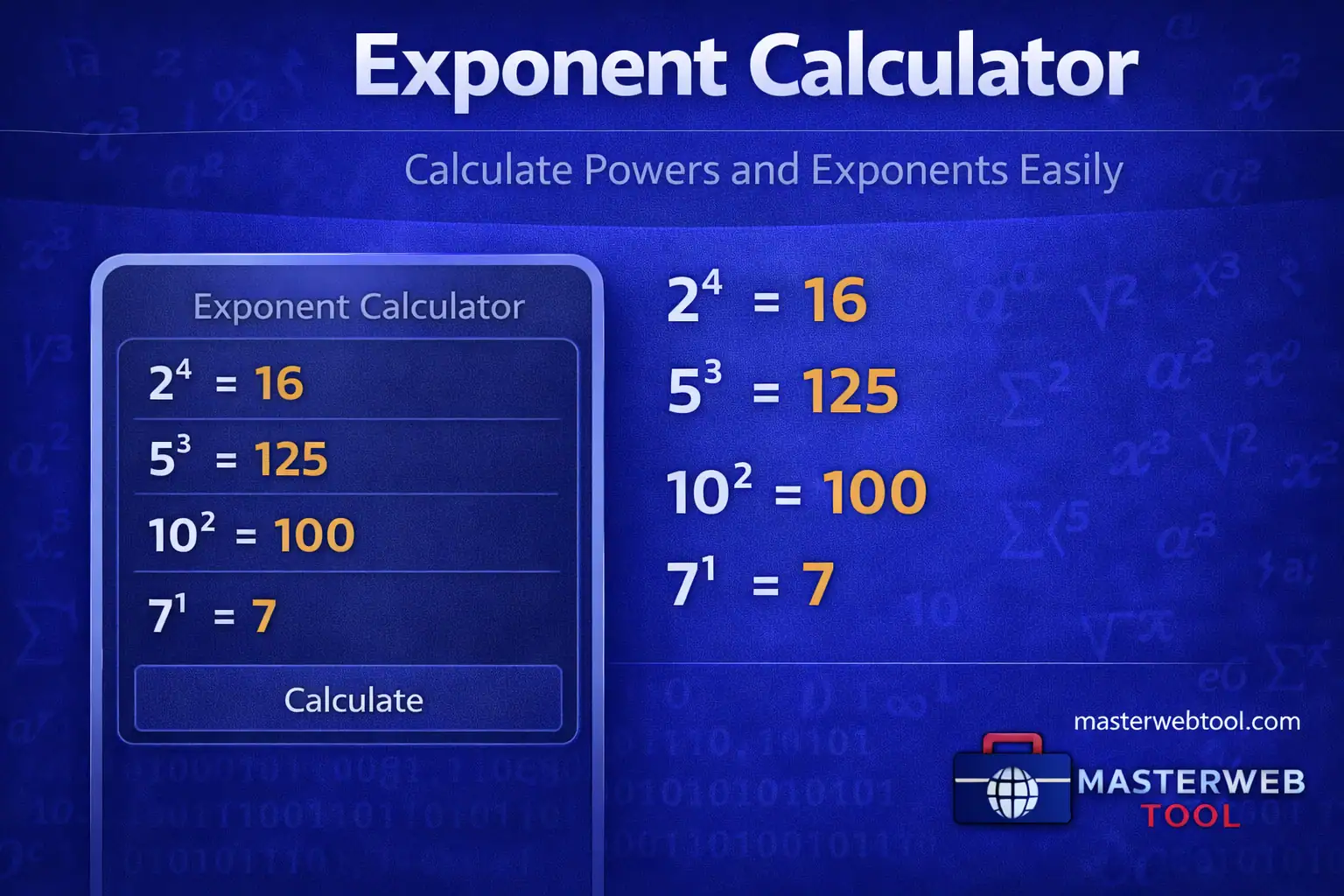 Exponent Calculator showing power and exponent calculations in a clean blue calculator interface.