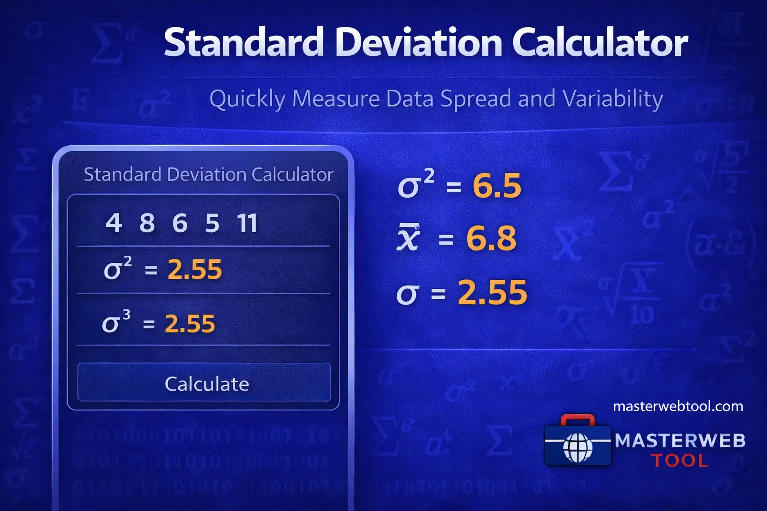 Standard Deviation Calculator showing data values, mean, variance, and standard deviation results in a clean blue calculator interface.