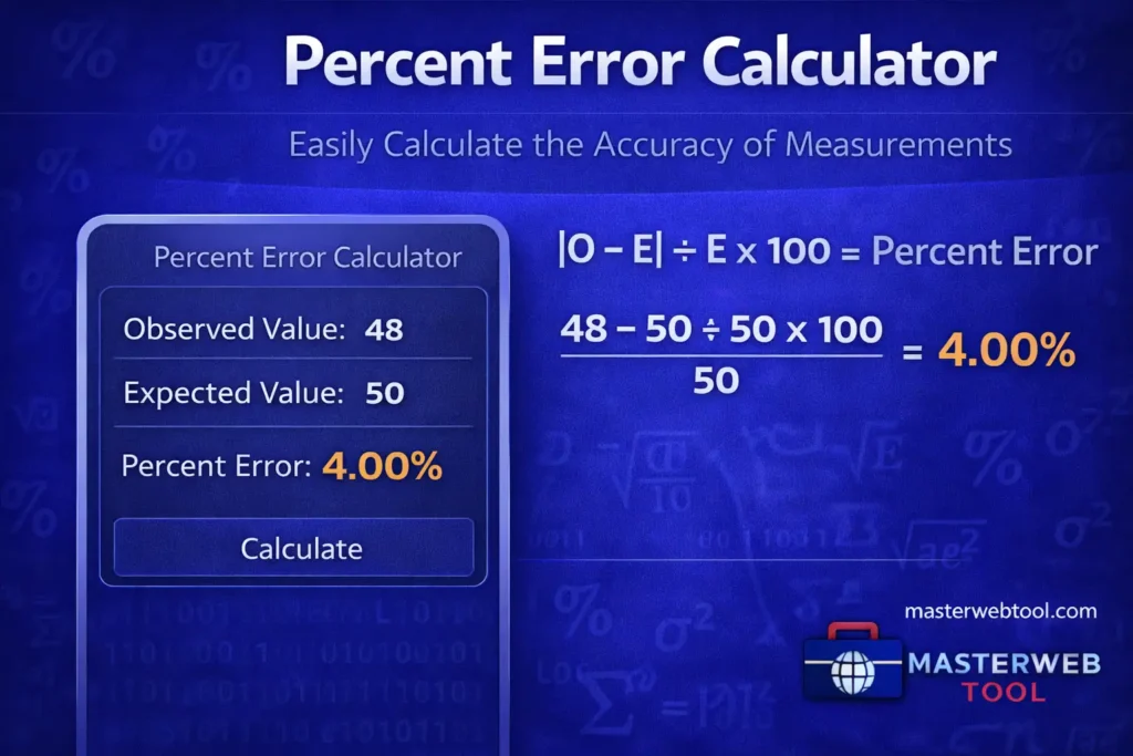 Percent Error Calculator showing observed value, expected value, and percent error result in a clean blue calculator interface.