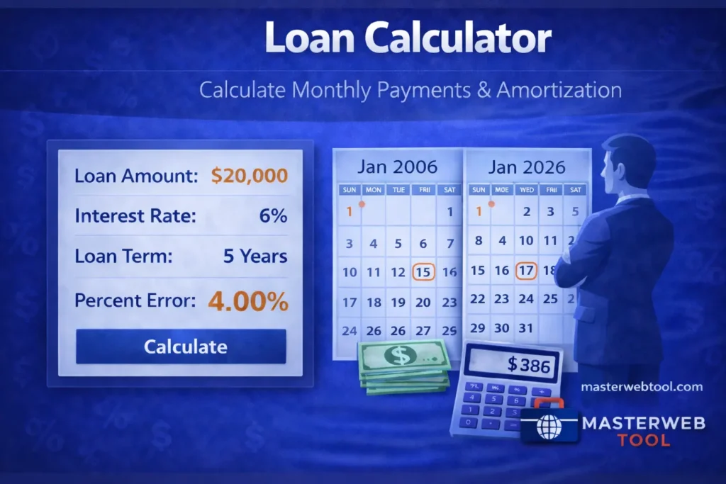 Loan Calculator showing loan amount, interest rate, loan term, and monthly payment calculation in a clean blue calculator interface.