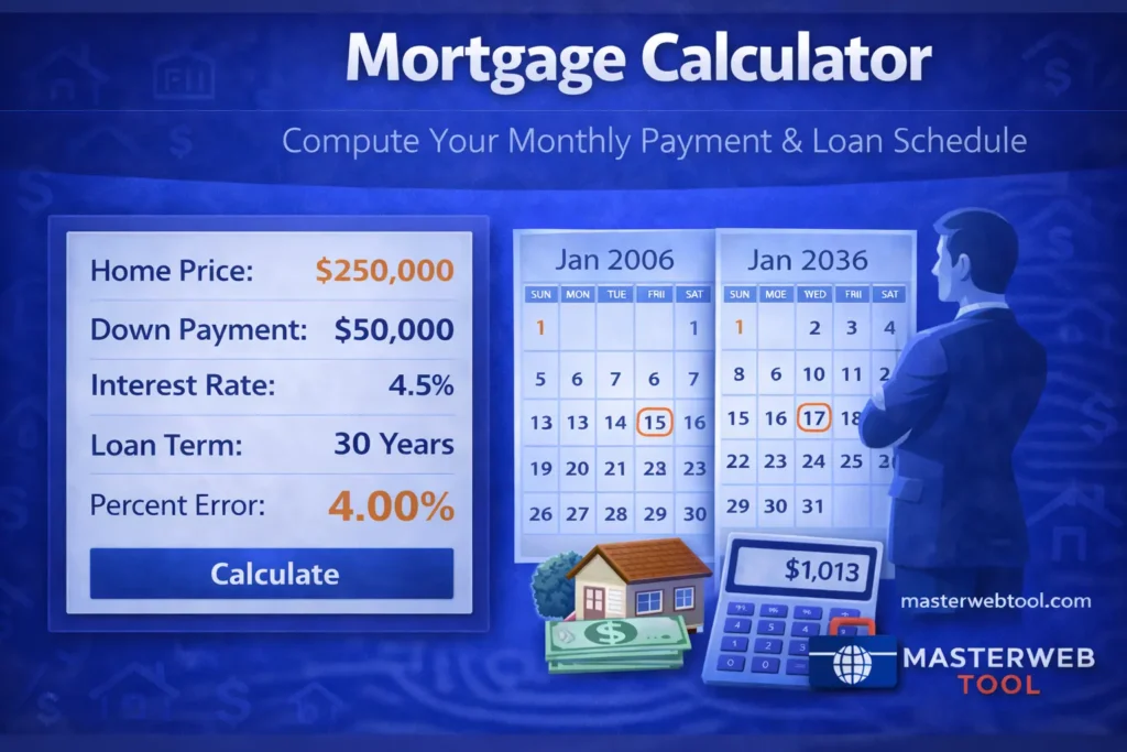Mortgage Calculator showing home price, down payment, interest rate, loan term, and monthly mortgage payment in a clean blue calculator interface.