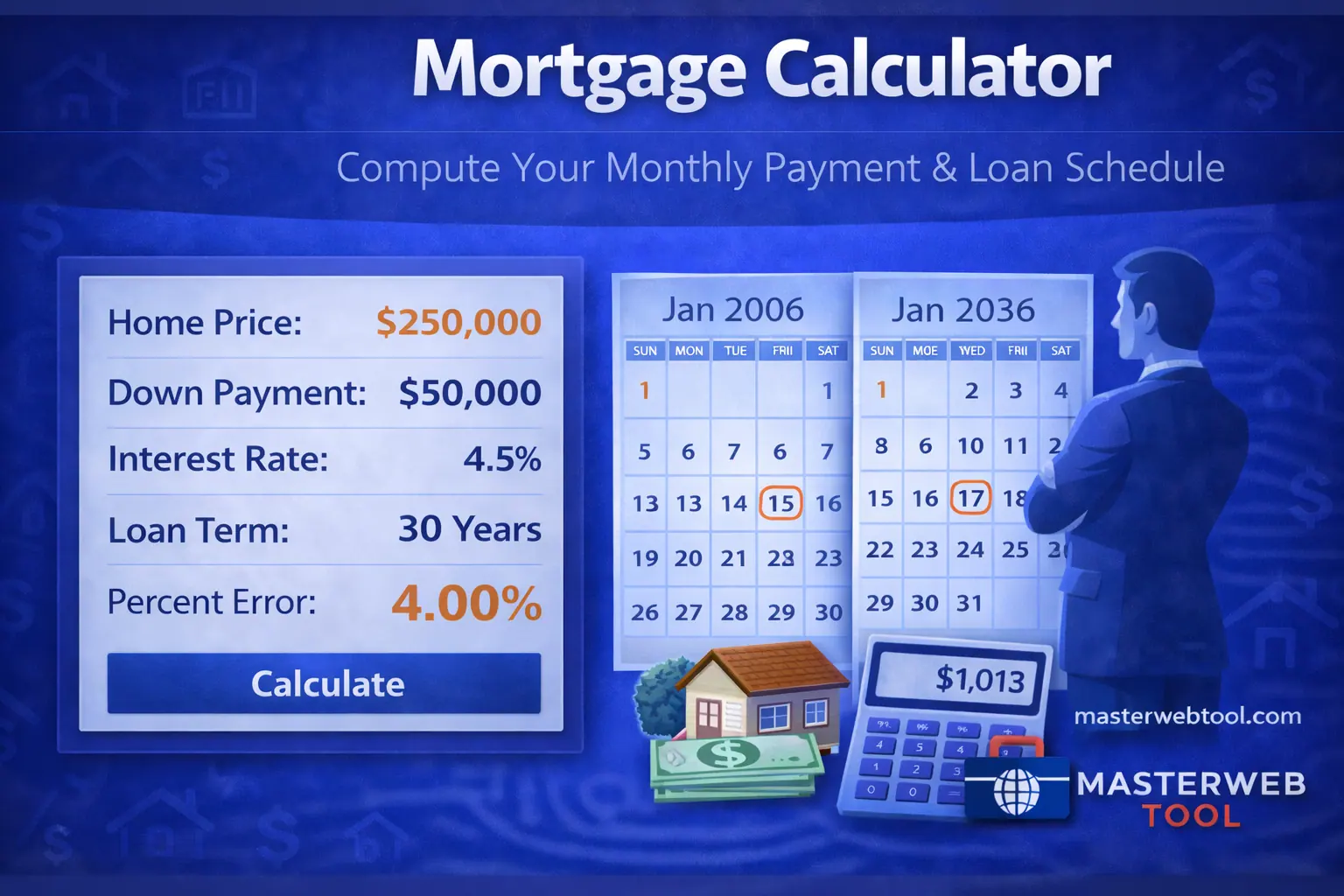 Mortgage Calculator showing home price, down payment, interest rate, loan term, and monthly mortgage payment in a clean blue calculator interface.
