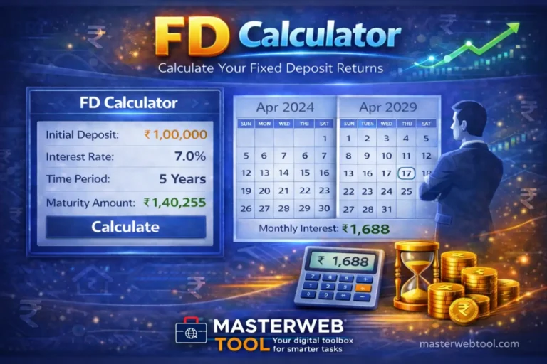 FD Calculator to calculate fixed deposit returns, maturity amount, interest rate and time period online using MasterWebTool