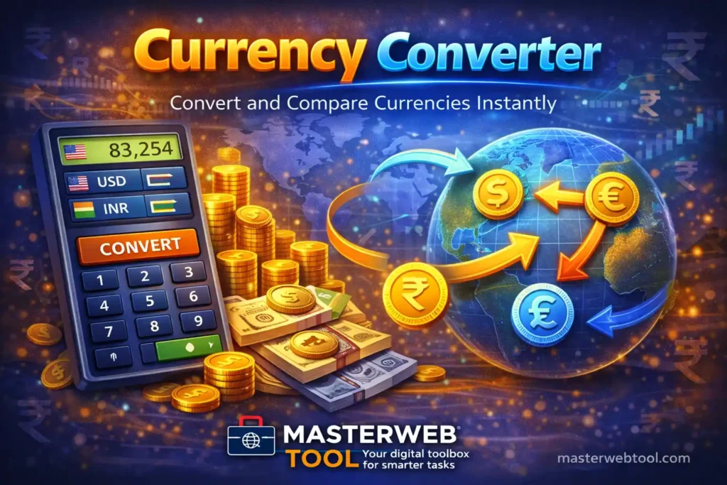 Currency Converter to convert and compare exchange rates between USD, INR, EUR and other world currencies using MasterWebTool