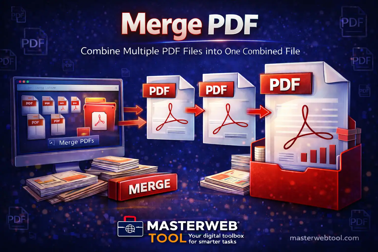 Merge PDF tool to combine multiple PDF files into one single document online using MasterWebTool
