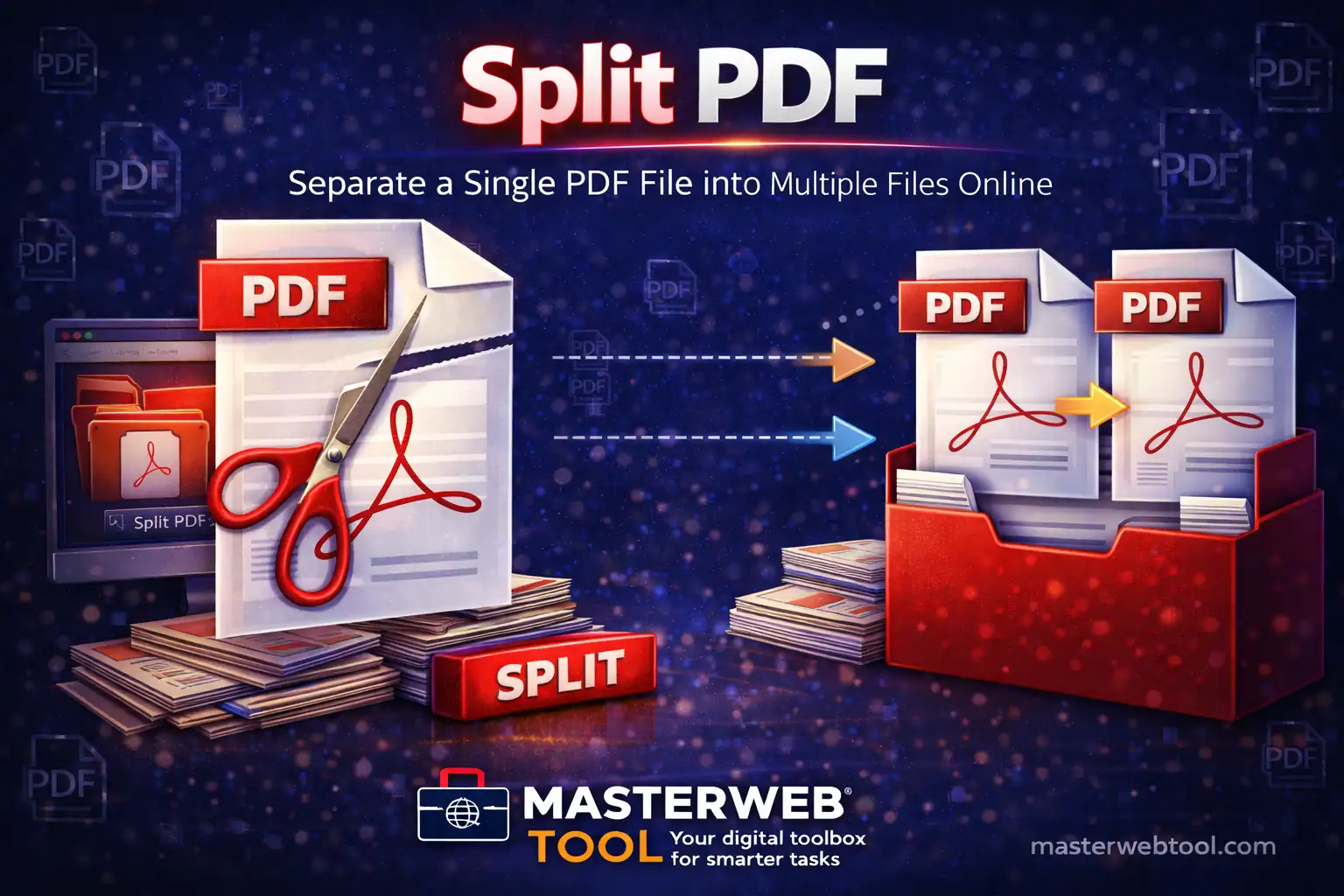 Split PDF tool to separate a single PDF file into multiple PDF pages online using MasterWebTool