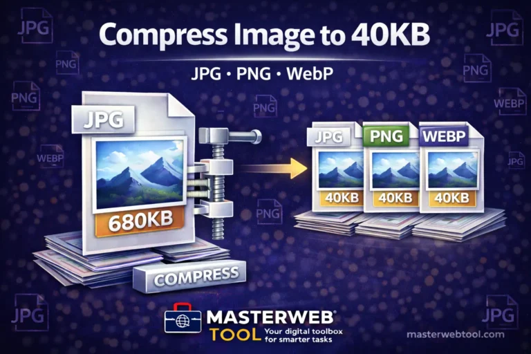 Compress Image to 40KB tool to reduce JPG, PNG and WebP image size to 40KB online without losing quality using MasterWebTool