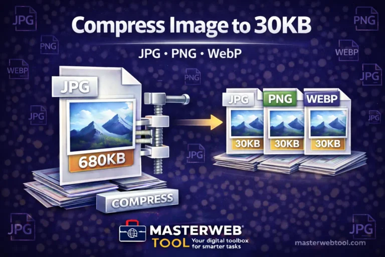 Compress Image to 30KB tool to reduce JPG, PNG and WebP image size to 30KB online without losing quality using MasterWebTool