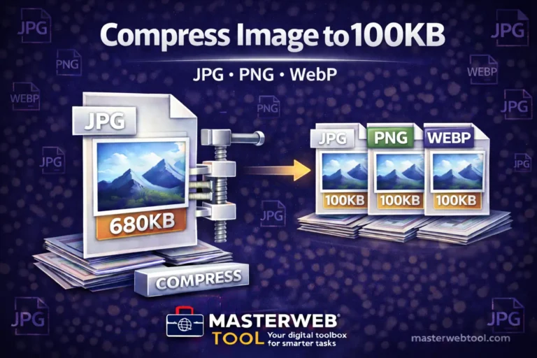 Compress Image to 100KB tool to reduce JPG, PNG and WebP image size to 100KB online without losing quality using MasterWebTool