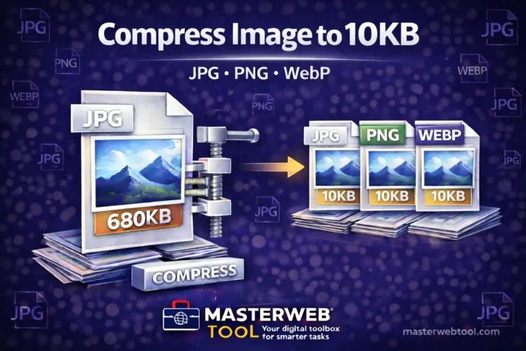 Compress Image to 10KB tool to reduce JPG, PNG and WebP image size to 10KB online without losing quality using MasterWebTool