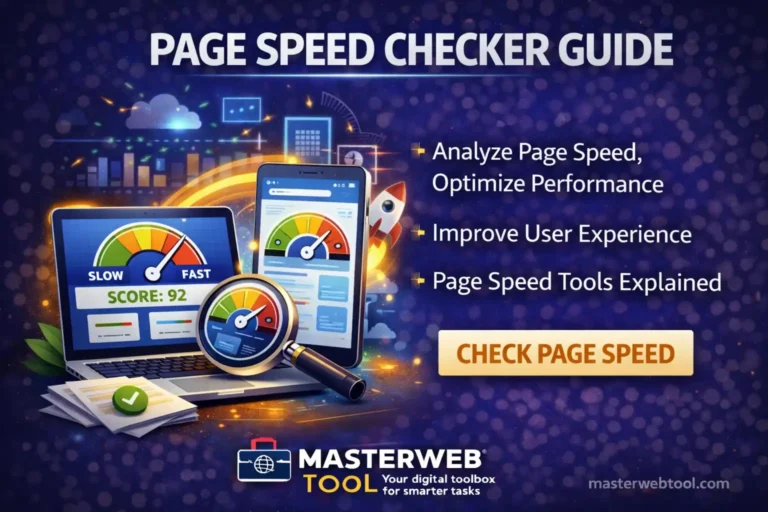 Page Speed Checker Guide showing website speed analysis dashboard with performance score, speed meter and optimization tools by MasterWebTool
