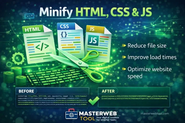 Minify HTML CSS and JavaScript files to reduce file size and improve website speed using MasterWebTool