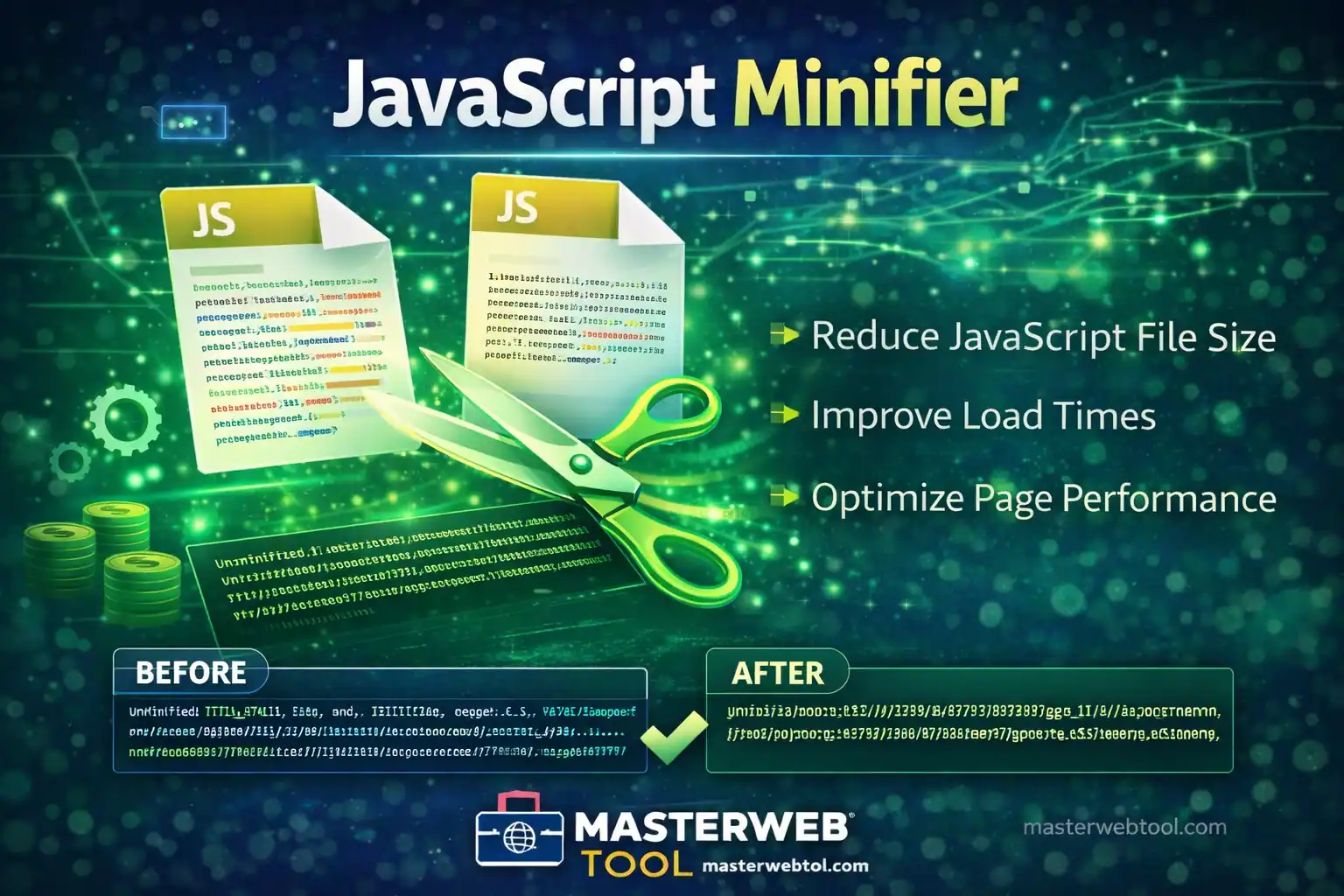 JavaScript Minifier tool showing before and after code optimization to reduce JavaScript file size and improve website performance using MasterWebTool
