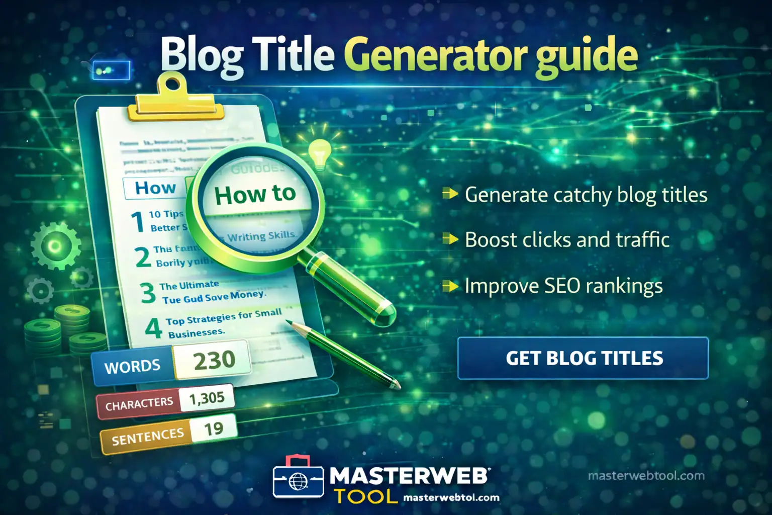 Blog Title Generator guide showing how to create catchy blog titles and improve SEO rankings using MasterWebTool