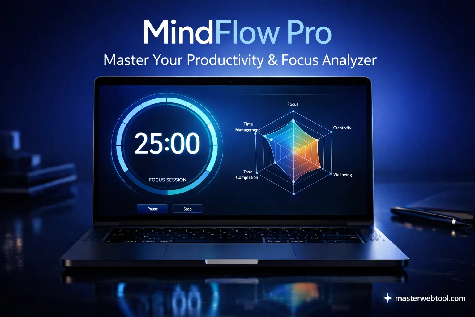 Professional feature image for MindFlow Pro, showing a sleek laptop with a glowing productivity dashboard on a deep royal blue gradient background. The bottom right corner features the official brand signature "✦ masterwebtool.com" in white text.