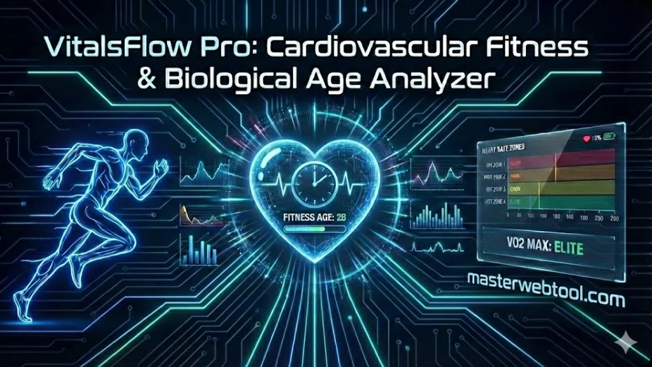VitalsFlow Pro dashboard showing cardiovascular fitness metrics and biological heart age analysis