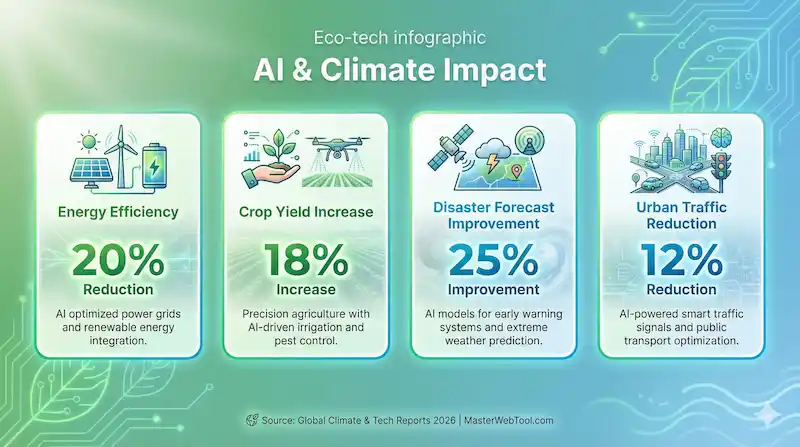 Eco-tech infographic titled "AI & Climate Impact" illustrating positive effects: Energy Efficiency (20% reduction), Crop Yield Increase (18%), Disaster Forecast Improvement (25%), and Urban Traffic Reduction (12%).