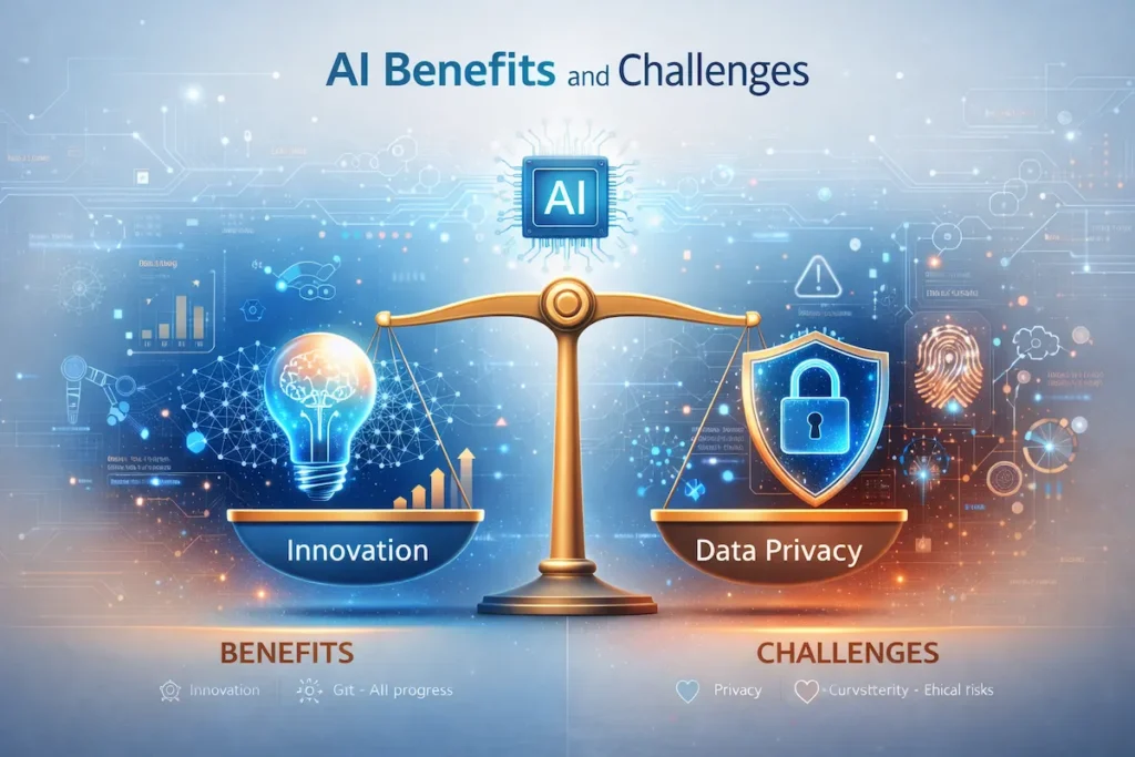 Infographic showing balance between AI innovation benefits and data privacy challenges with cybersecurity shield and innovation icons.