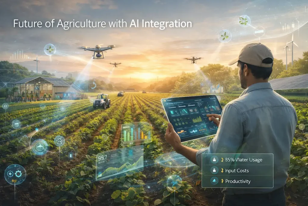 AI-integrated smart farming ecosystem with autonomous tractors, agricultural drones, IoT sensors, and predictive analytics dashboard at sunrise.