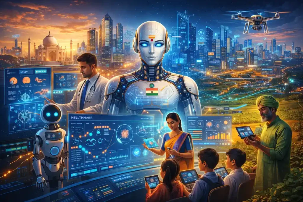 Artificial intelligence in India concept showing healthcare AI, education AI, agriculture AI, and smart city innovation in a realistic high-detail digital transformation scene.