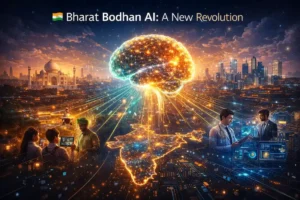 Bharat Bodhan AI concept showing glowing AI brain with Indian tricolor accents transforming education, healthcare, agriculture, and innovation across India.,creeyate imege,size fil name ,alt text capation ,discripation .