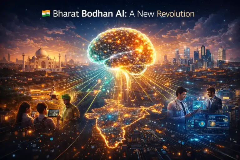 Bharat Bodhan AI concept showing glowing AI brain with Indian tricolor accents transforming education, healthcare, agriculture, and innovation across India.,creeyate imege,size fil name ,alt text capation ,discripation .