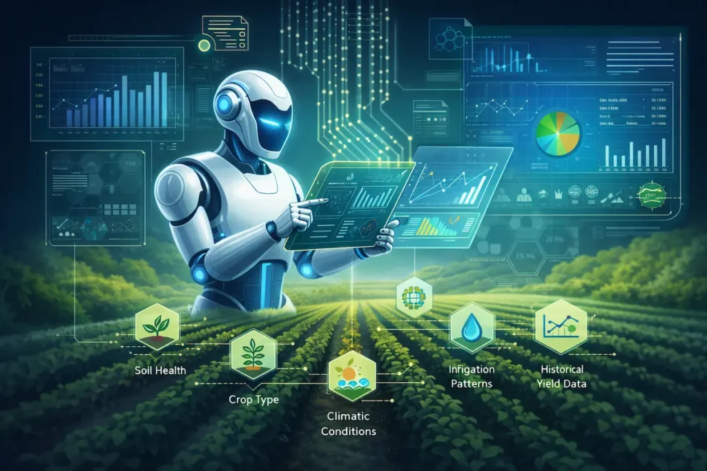 AI-powered Bharati system analyzing farm data including soil health, crop type, irrigation patterns, climatic conditions, and historical yield using advanced analytics.