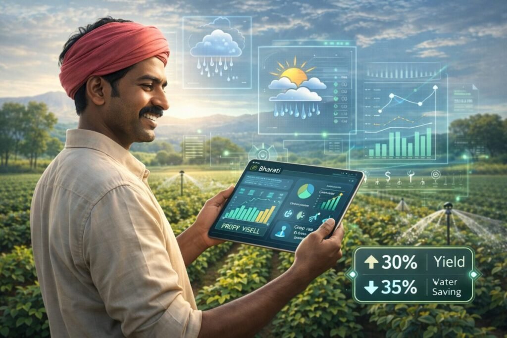 Indian farmer using Bharati AI dashboard to analyze weather forecasts and irrigation schedules, resulting in 30% crop yield increase and 35% water savings.
