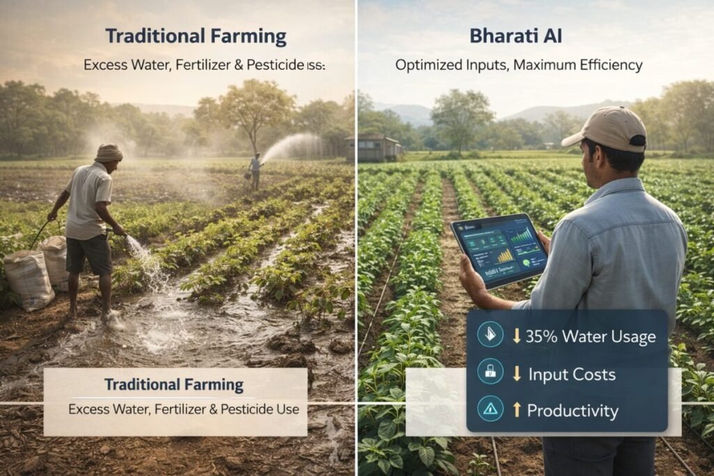 Split-screen comparison of traditional farming with excess water and fertilizer use versus Bharati AI-powered precision farming with optimized inputs and improved efficiency.