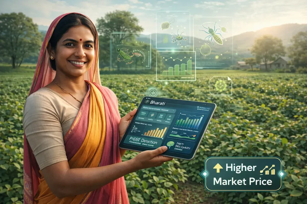 Lakshmi using Bharati AI dashboard to reduce pest damage, improve crop quality, and increase market price in a sustainable farming environment.