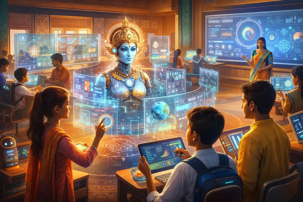 Futuristic AI-powered smart classroom in India with students interacting with holographic interface and advanced digital learning technology.