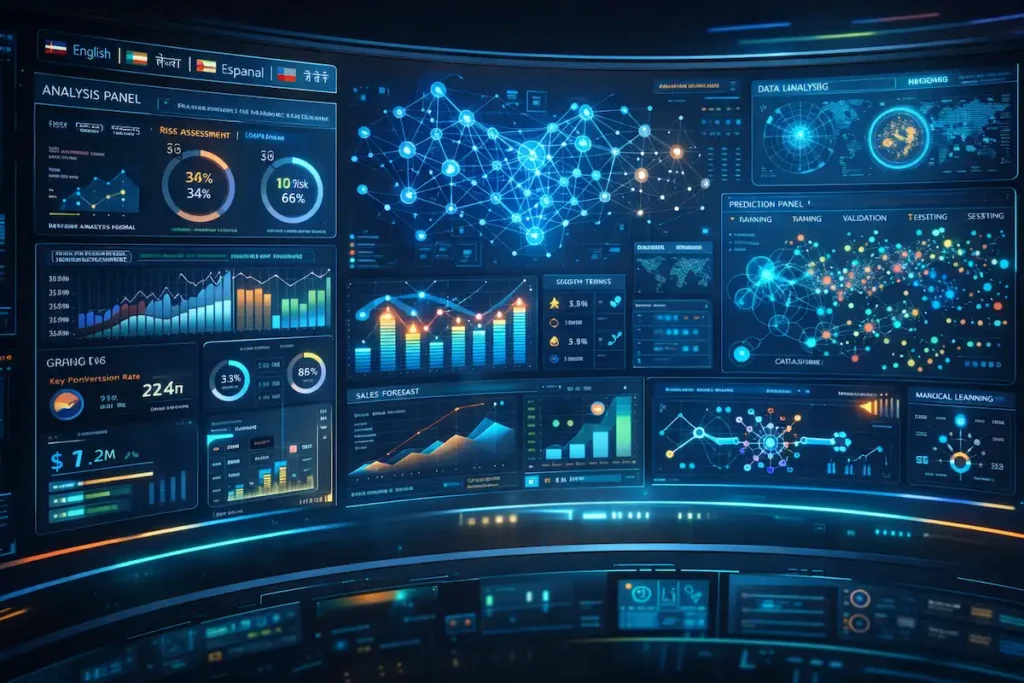 Futuristic AI dashboard analyzing large datasets with machine learning visualizations and multi-language business analytics interface.