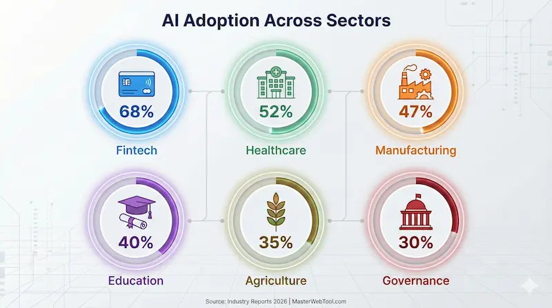 Circular infographic showing AI adoption rates in India: Fintech (68%), Healthcare (52%), Manufacturing (47%), Education (40%), Agriculture (35%), and Governance (30%).