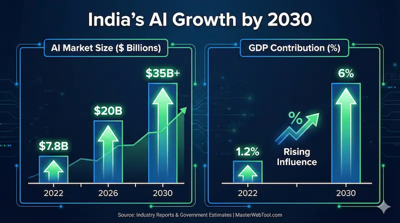 Infographic showing India's projected AI growth by 2030. It illustrates the AI market size increasing from $7.8B in 2022 to over $35B in 2030, and its GDP contribution rising from 1.2% in 2022 to 6% in 2030.