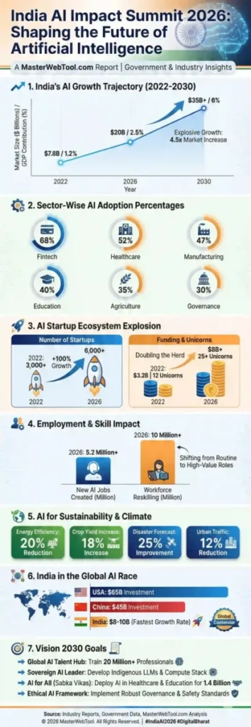 Full vertical infographic report titled 'India AI Impact Summit 2026: Shaping the Future of Artificial Intelligence'. It visualizes India's AI growth trajectory to $35B+ by 2030, sector adoption rates (Fintech 68%, Healthcare 52%), startup ecosystem explosion doubling to 6,000+ startups, employment impact creating 5.2M+ jobs, sustainability metrics, global comparison vs USA/China, and Vision 2030 goals for sovereign and ethical AI. Source: MasterWebTool.com.
