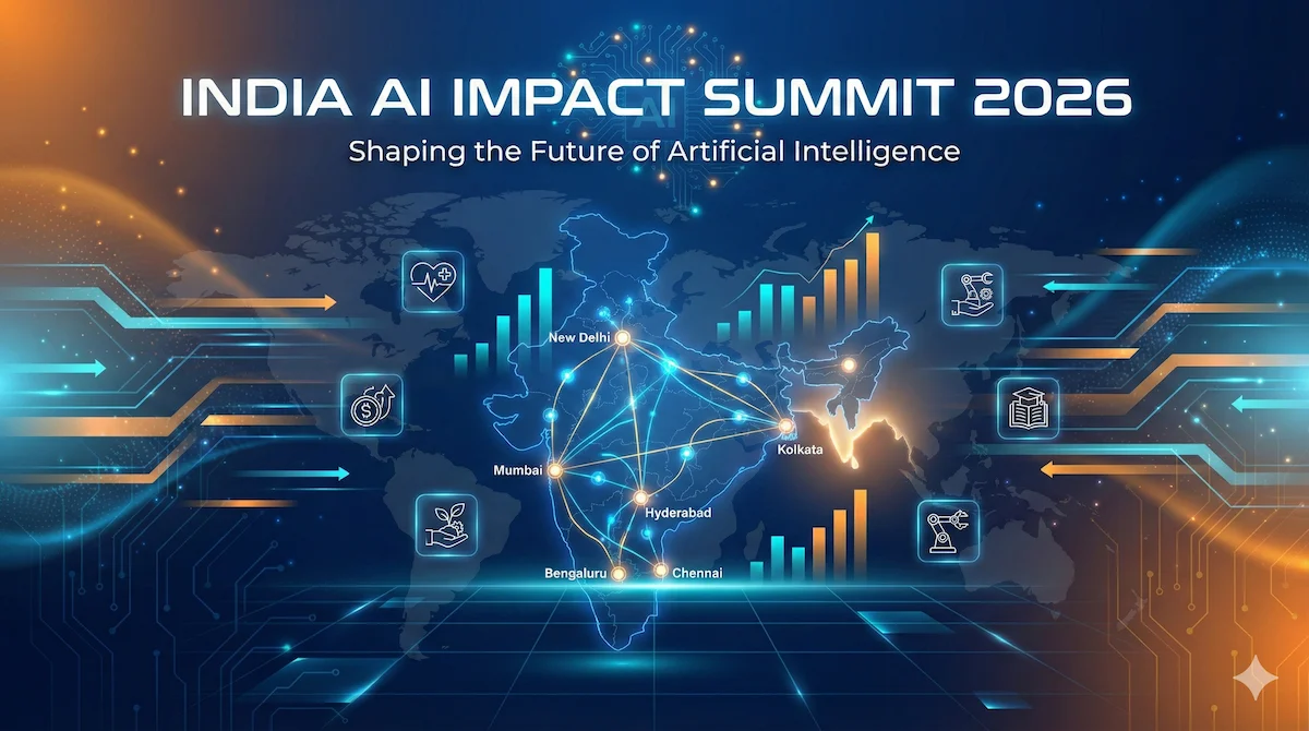 Futuristic digital map of India with glowing neural network lines and tech icons representing healthcare and agriculture for India AI Impact Summit 2026.