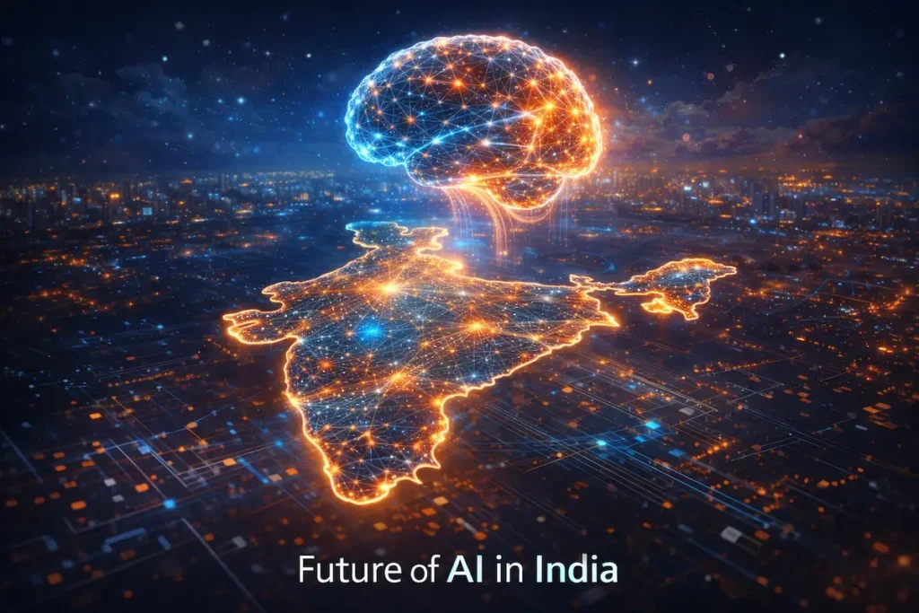Glowing AI brain over digital map of India representing future of artificial intelligence and technological innovation.