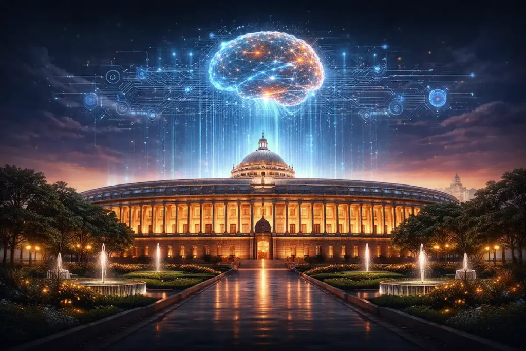Indian Parliament building with AI hologram overlay representing government AI policy and digital governance with cybersecurity theme.