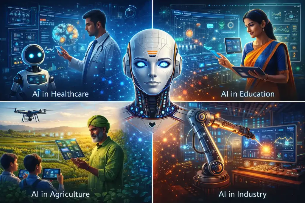 Split-screen illustration showing AI applications in healthcare, education, agriculture, and industry with modern digital technology theme.
