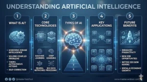 Alt Text: A detailed infographic explaining the basics of artificial intelligence, including core technologies, types, applications, and future benefits.
